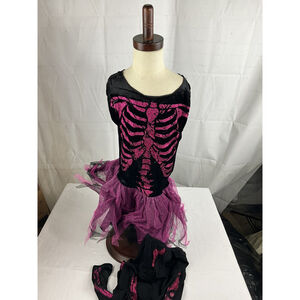 Halloween Costume Girl M 7-8 Pink Black Glitter Skeleton Dress Sleeve Tights Bow